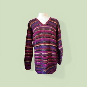 Bloomingdale's Striped V-Neck Open-Knit Sweater in Magenta and Purple